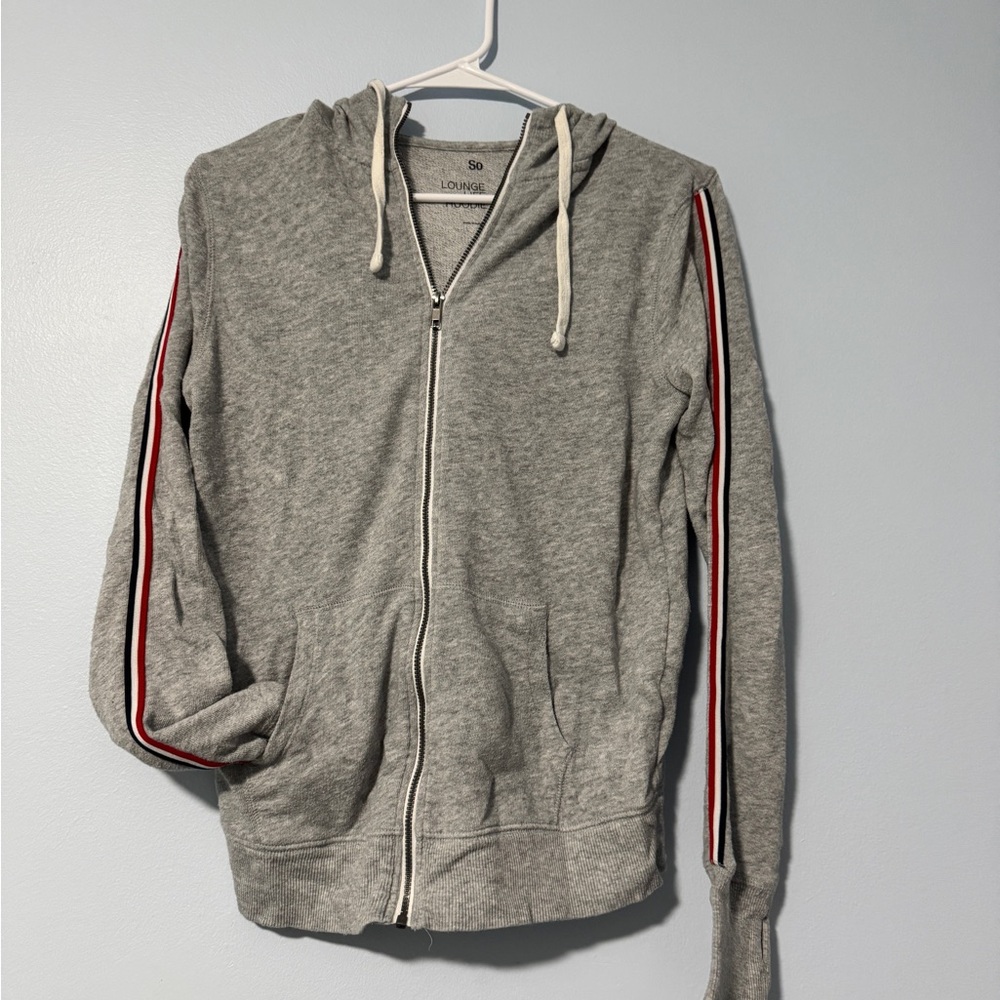 Grey Women’s Zip-Up Hoodie Jacket with Red, White, and Blue Stripes